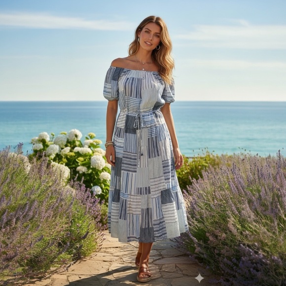 Ann Taylor LOFT Patchwork Tie Waist modest classy Tiered Midi long Dress Sz M - Picture 1 of 11